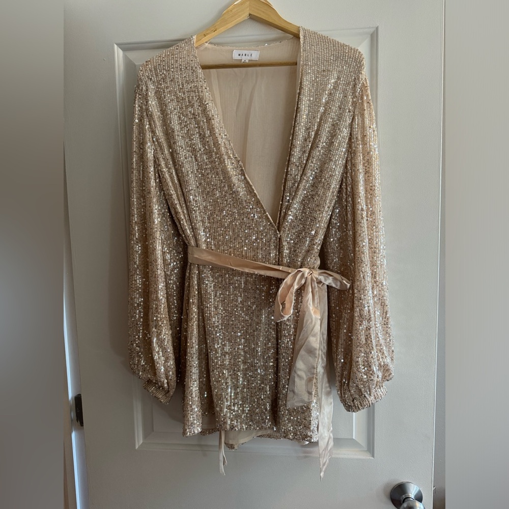 Mabel Champagne Sequin Wrap dress- cocktail, holiday party, disco, bachelorette